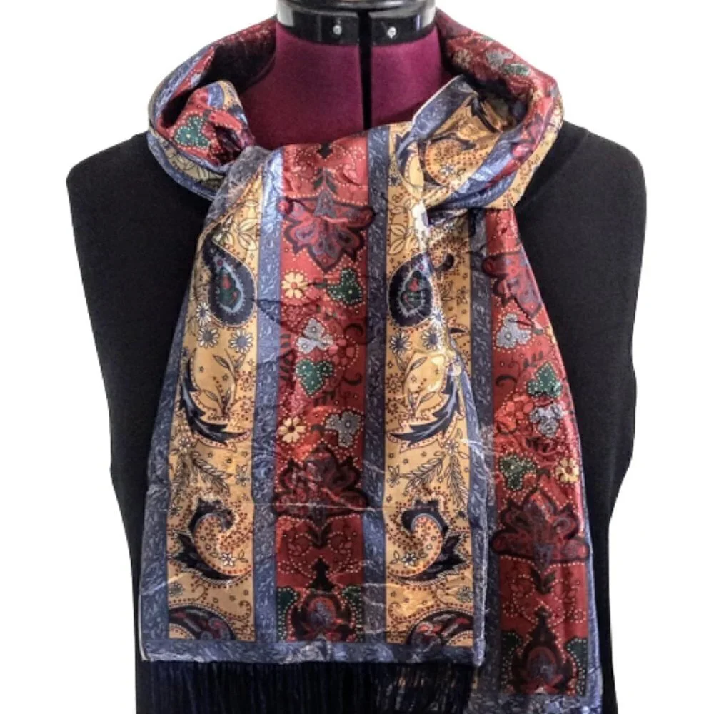 Vintage Tan Blue Red Paisley Jacquard Oblong Fringed Scarf